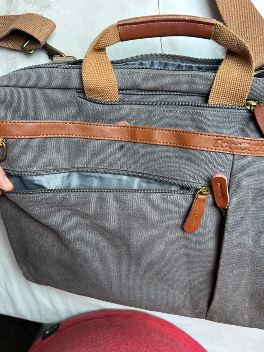 Coolbell Canvas Messenger Laptop Bag in Gray with Tan Accents